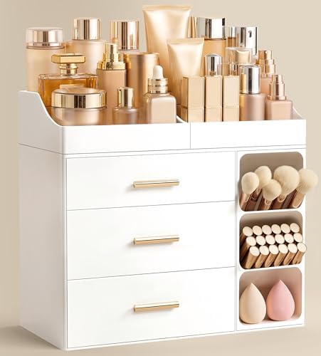 HBlife Makeup Organizer Countertop with Brush Holder,Large Bathroom Counter Organizer with Drawers,Skincare Organizers f