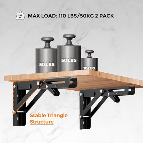 Ravinte Matte Black Folding Shelf Brackets, 8 Inch, 4 Pack