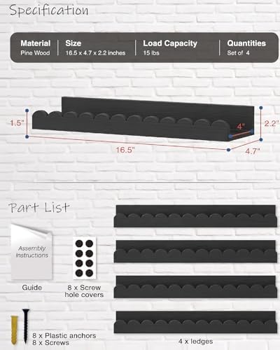 Black Nursery Floating Shelves for Wall, Scalloped Book Shelf for Kids Room