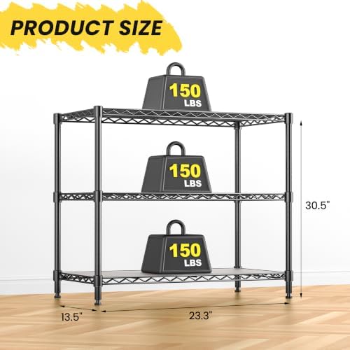 3-Tier Storage Shelves 450LBS Metal Shelving Unit, Adjustable Wire Rack Small Shelf Organizer with Shelf Liners for Kitc