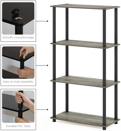 Furinno Turn-N-Tube Toolless Assembly Storage Shelves, 4-Tier Grey Book Shelf, Open Storage Bookshelf, for Organization 