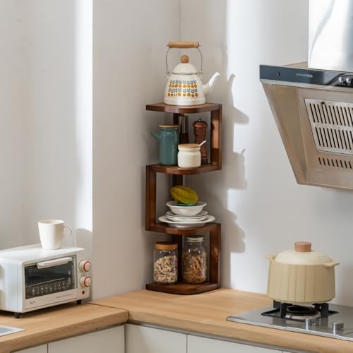 Corner Shelf Stand Desk Organizer,26.8" H Rubberwood Brown Rack for Small Spaces, Bedroom,Home Office,Kitchen,Bathroom (