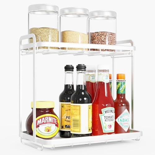 Counter Organizer for Bathroom, Kitchen or Coffee Bar, Metal Shelf with Faux Marble, Vanity Countertop Makeup Storage, D