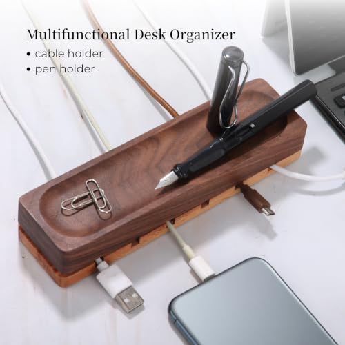 Magnetic Cord Holder with 6 Slots - Walnut & Beech Wood Cable Organizer for Lightning, USB, USB-C, Stick-on Design for D