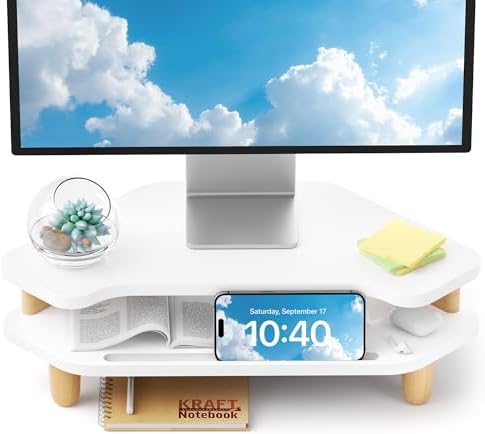AFOOYO Monitor Stand Riser,2 Tier Corner Wood Sturdy 16.5In Computer Stand, Multi-Purpose Desktop Storage Stand for Lapt