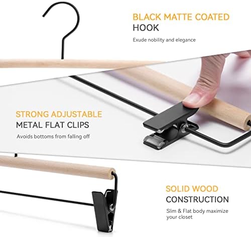 Nature Smile Beech Wooden Pants Skirt Hanger for Jeans Bottom Trousers with 2-Adjustable Black Matt Clips and Hook 10 Pack (Natural Wood+Black Metal)