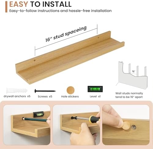 Dreamland Picture Ledge Shelf for Wall, Floating Shelves Set of 2, 24 Inch Long Floating Shelves with Lip for Living Room, Bedroom, Bathroom, Kitchen, Oak