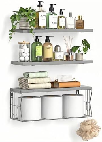 Floating Bathroom Shelves Wall Mounted - Wooden Shelf Set of 3 for Over Toilet Storage & Modern Bathroom Decor - Perfect