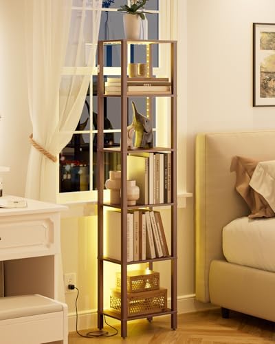 Open Book Shelf with LED Lights, 6 Tier Tall Bookshelf, Freestanding Shelf Narrow Bookcase with Open Shelves, 14.57" x 1
