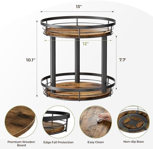 LAMU 12'' Wood Lazy Susan Spice Rack Organizer, 2 Tier Spice Organization for Cabinet, Countertop, Kitchen, Table Top, P