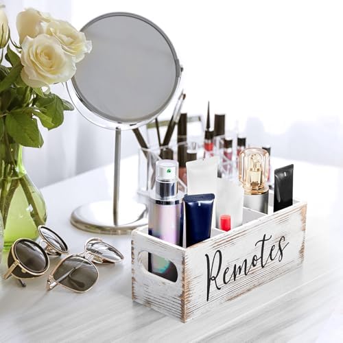 DRASTAR Remote Control Holder, 3 Slots Wood Remote Storage Caddy, Remote Control Organizer Retro White