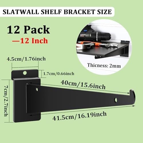 12 Pack Slat Wall Shelf Brackets with Lip, 12" Slatwall Shelf Bracket