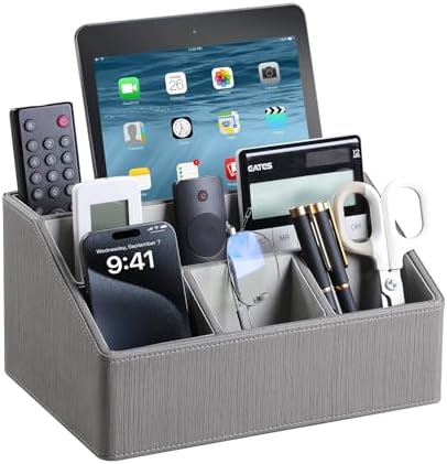 PU Leather Desk Organizer, Remote Control Holder, Grey