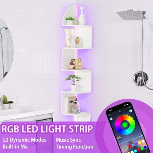 Waipfaru Corner Shelf, 5 Tier Bookshelf with LED Light, Corner Shelf Wall Mounted, Floating Shelves for Wall, Display St