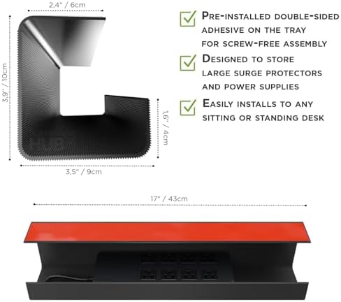 Scanfield Under Desk Cable Management Tray, No-Screw, 17-Inch, 4-Pack Black