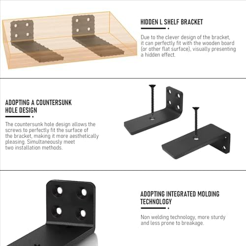 Heavy Duty Wall Shelf Brackets Floating Shelves Hidden L Shelf Bracket 12 Inch Long (8 Pack)