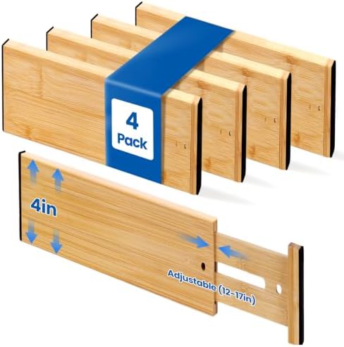 4 Pack 4" Deep Bamboo Drawer Dividers, 12-17" Expandable Kitchen Organizers