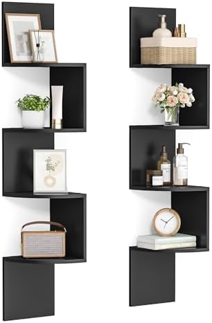 VASAGLE Set of 2 Corner Shelves Wall Mount, 4-Tier Floating Bookshelves