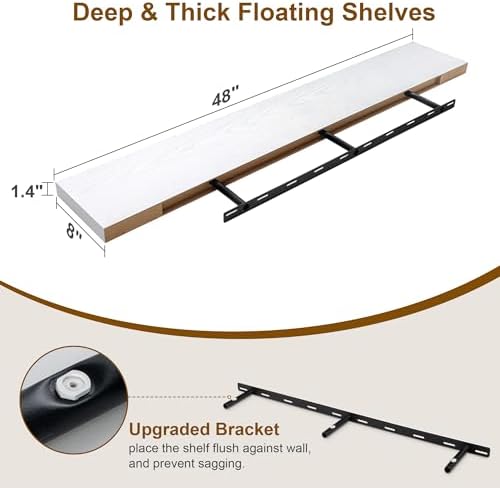 White Floating Shelves 48 Inch Long, 8 Deep Floating Shelves for Wall, Rustic 48" Long Fireplace Mantel, Large 48 x 8 Wa