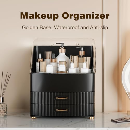 Makeup Organizer Countertop Vanity with Transparent Lid Drawers Waterproof Dustproof Cosmetic Skincare Bathroom Storage 