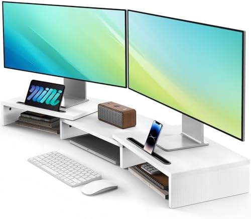 AMERIERGO Dual Monitor Stand Riser- 3 Shelf Screen Stand with Adjustable Length and Angle, 2 Extra Functional Slot Deskt