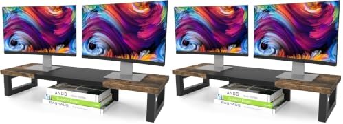 WESTREE Dual Monitor Stand Riser, Wood and Steel Multi-Purpose Desktop Storage Stand for 2 Monitors for Computer, Laptop