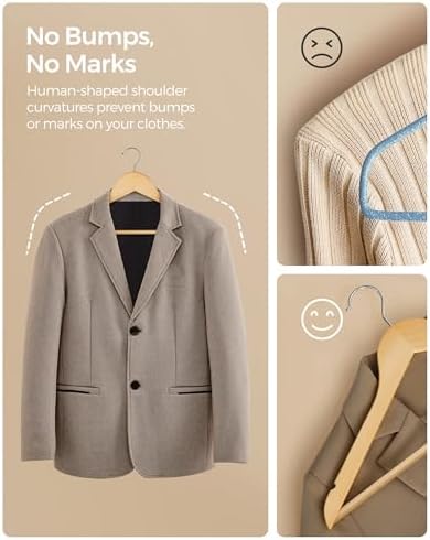 SONGMICS Wooden Hangers, 20-Pack Wood Hangers with Non-Slip Pants Bar