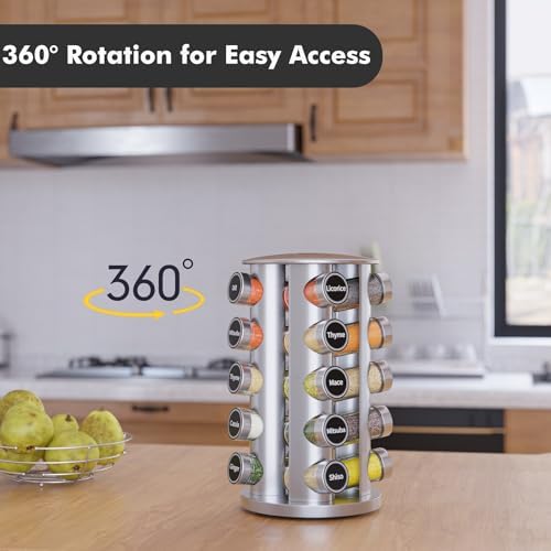 New England Stories Revolving Spice Rack Set with 20 Spice Jars, Kitchen Spice Tower Organizer for Countertop or Cabinet
