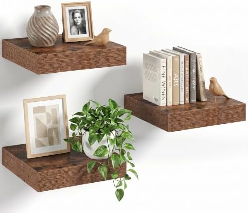 8" Long x 8" Deep Floating Shelves for Wall, Set of 3, 1.5" Thick, Brown