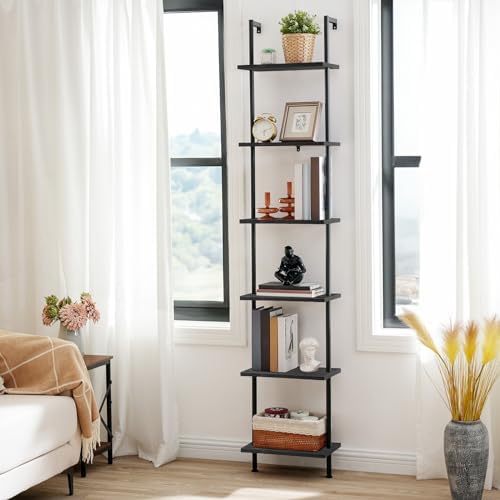 HOOBRO DIY Ladder Shelf, 6-Tier Wooden Wall Mounted Bookshelf, Narrow Bookcase, Display Shelf, Storage Rack, Plant Stand