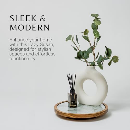 Rickby, 12" Premium Acacia Wood Lazy Susan Turntable for Table Top with Removable Marble Texture Glass Plate, Wooden Laz