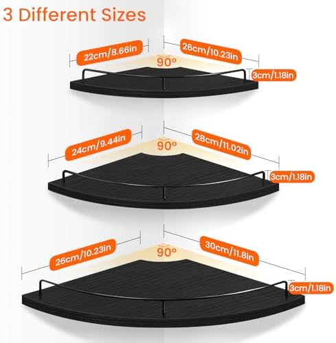 Homode 3 Tier Corner Floating Shelves, Wooden Corner Shelf Wall Mount 9/10/12 Inch with Guardrail, Rounded Hanging Corne