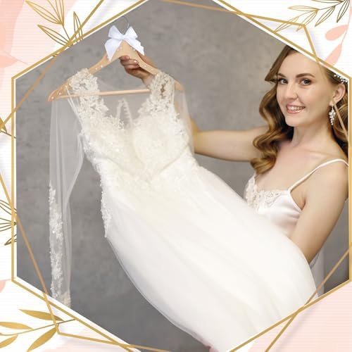 Wonderjune White 10 Pcs Bride Hanger for Wedding Bride Groom Bridesmaid Ribbon Bow Pearl Hanger Wood Color Elegant Wooden Dress for Bridal Shower Tuxedo Photo Keepsake Party Gift (Pearl Bow)