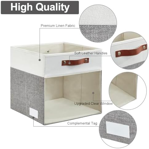 Bagnizer Storage Cubes, 4 Pack Linen Foldable Storage Bins with Clear Window and 2 Handles, 13x15x13 Storage Cube Bins for Shelf Closet, Kallax, Clothes, Books - (Gray / Off-White)
