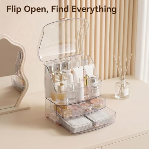 Makeup Organizer Countertop for Vanity with Lid and 2 Drawers, Clear White