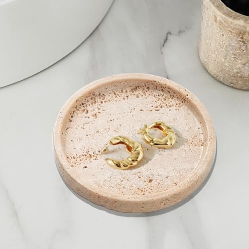 5.9" Round Travertine Tray, Small Marble Jewelry Dish Vanity Tray Beige