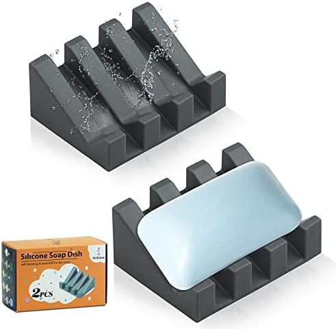 Self Draining Silicone Soap Dish Holder Waterfall Tray, 2 Pack Grey