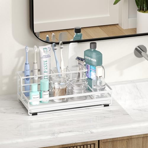 HapiRm Toothbrush Holders for Bathroom - 5 Partitions Bathroom Counter Organizer with Instant Drying Stone, Stainless St