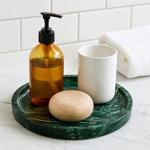 Round Marble Vanity Tray - Diameter 7.87" Natural Green Stone Tray for Bathroom Perfume Jewelry Makeup - Decorative Marb