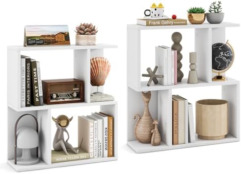 Giantex 3-Tier S-Shaped Bookshelves Set of 2, Modern Geometric Bookcase, Freestanding Display Shelf for Small Space, Ver
