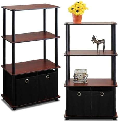 Furinno GO GREEN Storage Shelf Set of 2, 4-Tier Storage Rack with Bins, Book Shelf, Display Rack, with Storage Bins, for