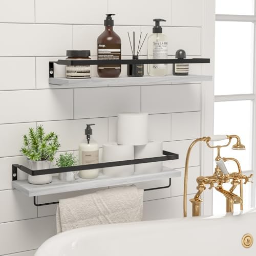 Floating Shelves for Wall, Bathroom Shelves with Towel Bar, Wall Mounted Storage Shelves for Kitchen, Bathroom, Set of 2