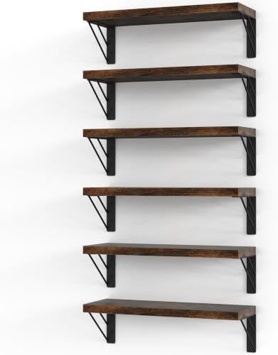 BAYKA Wall Mounted Floating Shelves (Rustic Brown, Set of 6, 16" Uniform)