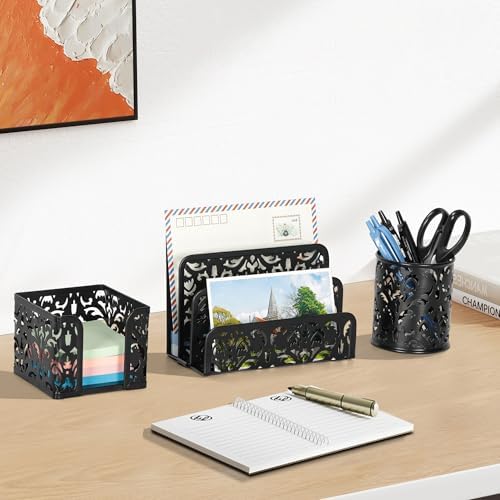 EasyPAG Desk Organizers and Accessories 3 Pieces Office Organizer Set - Pen Holder for Desk, Mail Sorter Countertop and Sticky Note Holder, Black