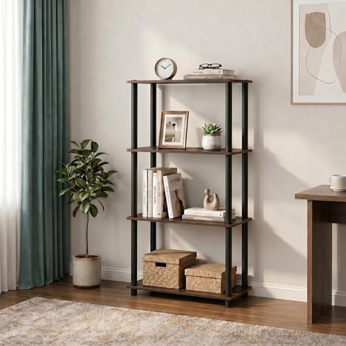 Furinno Turn-N-Tube Toolless Assembly Storage Shelves, 4-Tier Black Book Shelf, Open Storage Bookshelf, for Organization