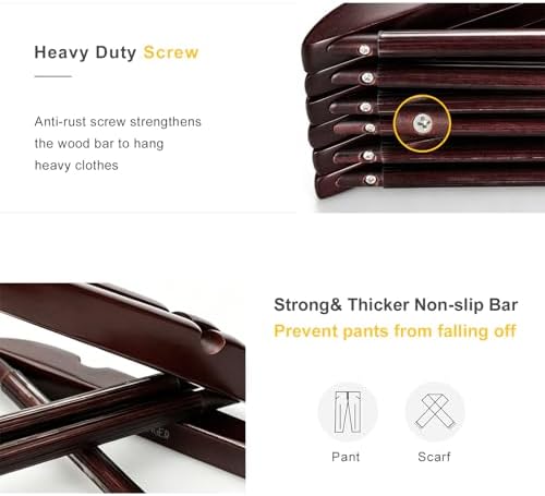 TOPIA HANGER Luxury Wooden Suit Hangers for Closet - Cherry Wood With Extra Thick Hook and Non-Slip Pants Bar, Heavy Duty Coat Hangers With Notches for Shirts - 16 Pack CT01M