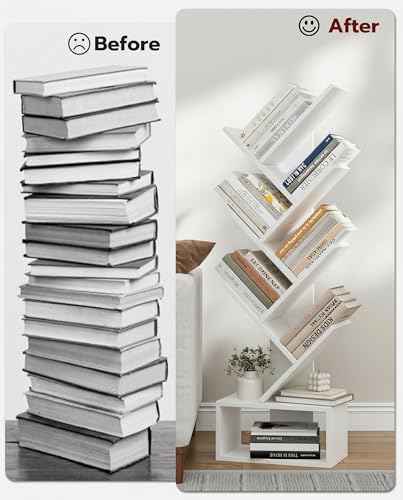 XBurmo 6 Tier Tree Bookshelf - Small Bookcase, Compact Book Tower with Drawer, Corner Bookshelf for Bedroom, Living Room