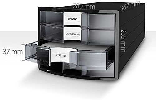 HAN IMPULS 2.0 Drawer Box with 3 Closed Drawers for DIN A4/C4 Including Labels/Document Box/Base with Pull-Out Lock/Rubber Feet/Black