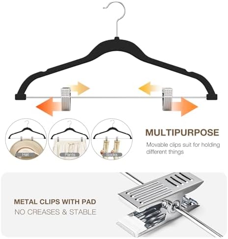 Korpai 24-Pack Black Velvet Hangers with Clips Adjustable,Outfit Hangers,Heavy-Duty,Non-Slip,Space Saving, Felt Hanger for Pants, Skirts, Suits,Coats, Dresses ect.