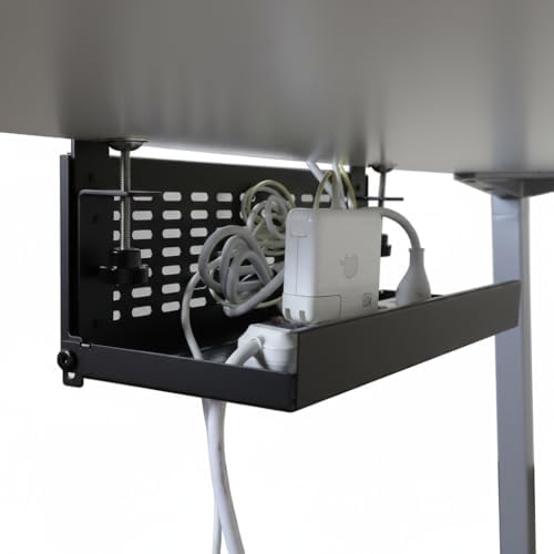 AEONS Universal Under Desk Cable Management Tray-Clamp Mount Hinged Swing Modesty Panel Organizer for Office Desks, Easy